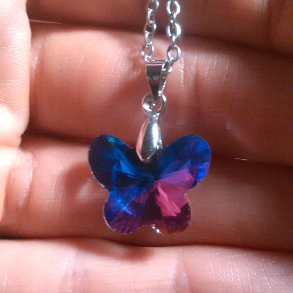 Magic Color Crystal Butterfly Brass Pendant Stainless Steel Necklace